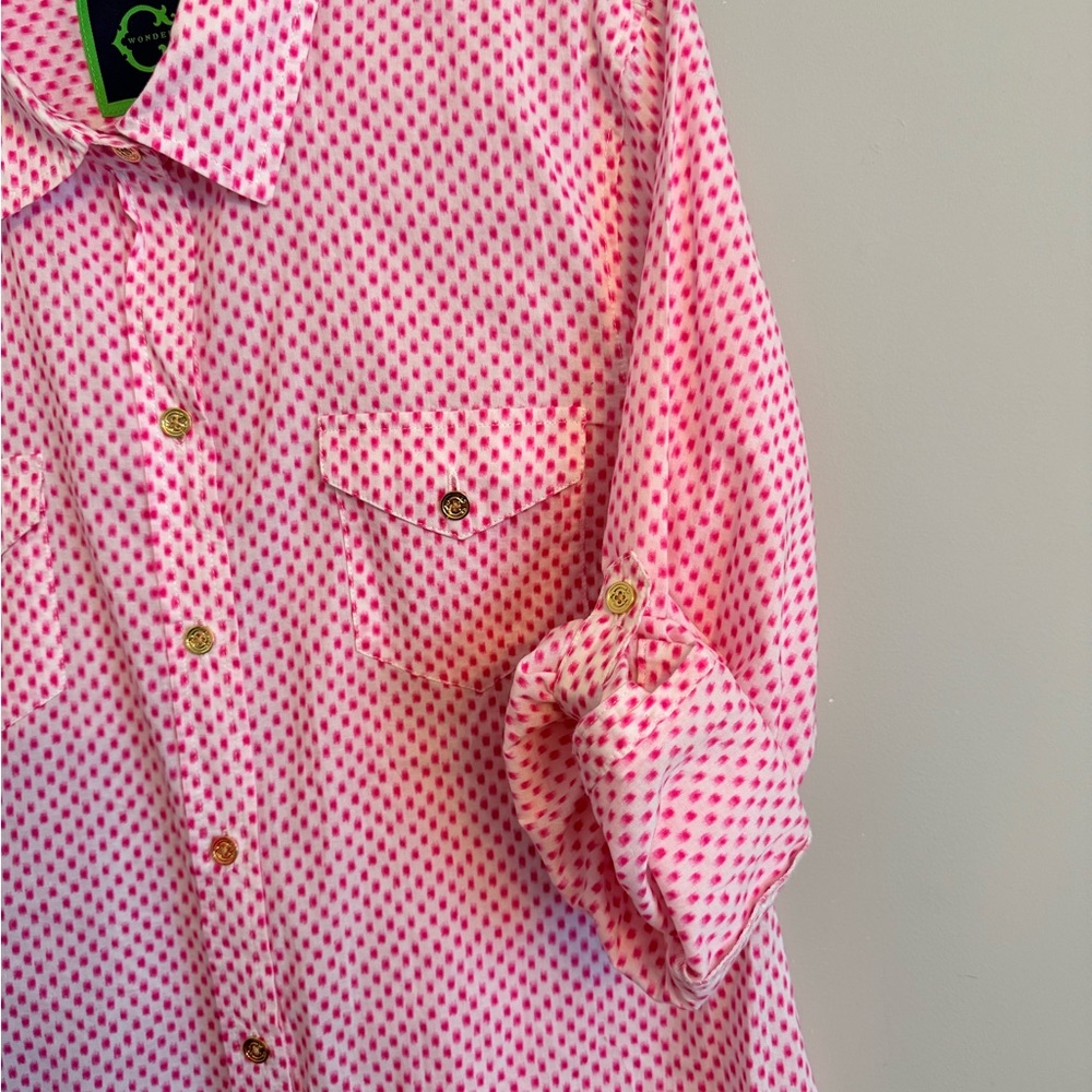C. Wonder Women’s Button up Shirt white and pink speck pattern 100% cotton - Picture 6 of 7